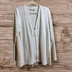 Lori Goldstein logo lounge, ivory lace back full zip sweatshirt, medium